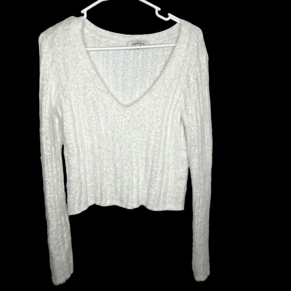 Hooked Up Eyelash Sweater Womens Small White Ribbed Long Sleeve Stretch Soft - Picture 1 of 10